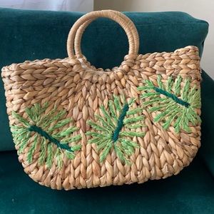 Straw Studios Natural Straw Tote with Green Leaf Embroidery